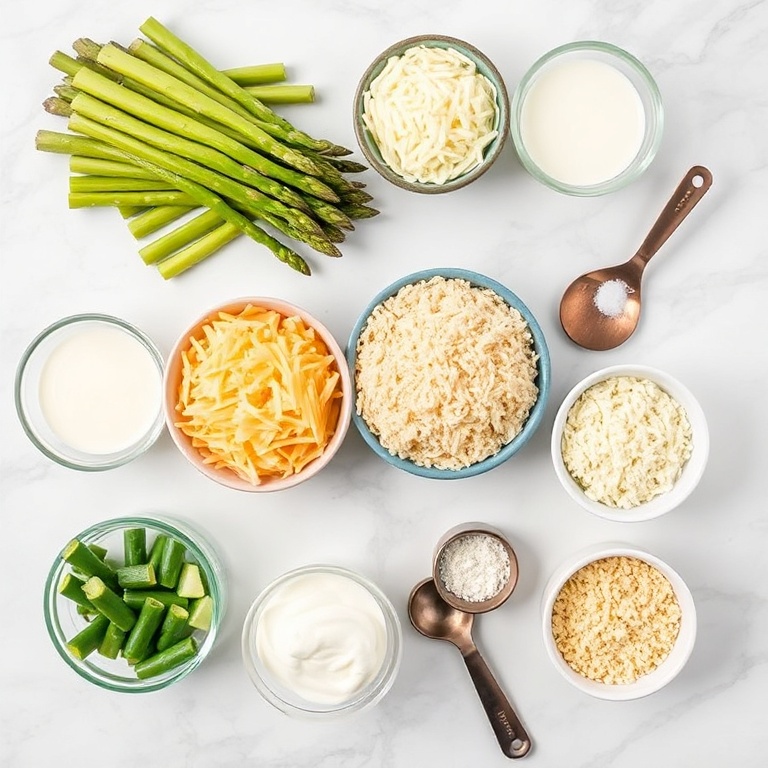 Raw ingredients for cheesy asparagus casserole on a marble surface
