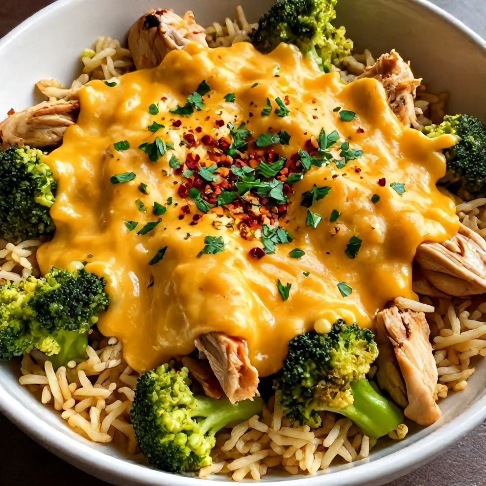 Plated Crockpot Chicken and Broccoli Rice with melted cheese