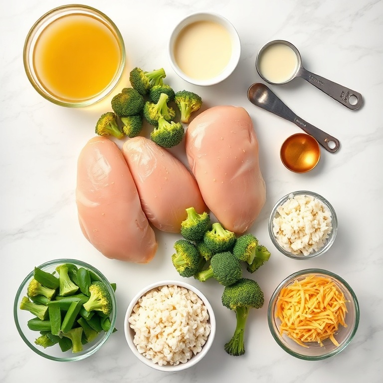 Ingredients for Crockpot Chicken and Broccoli Rice laid out
