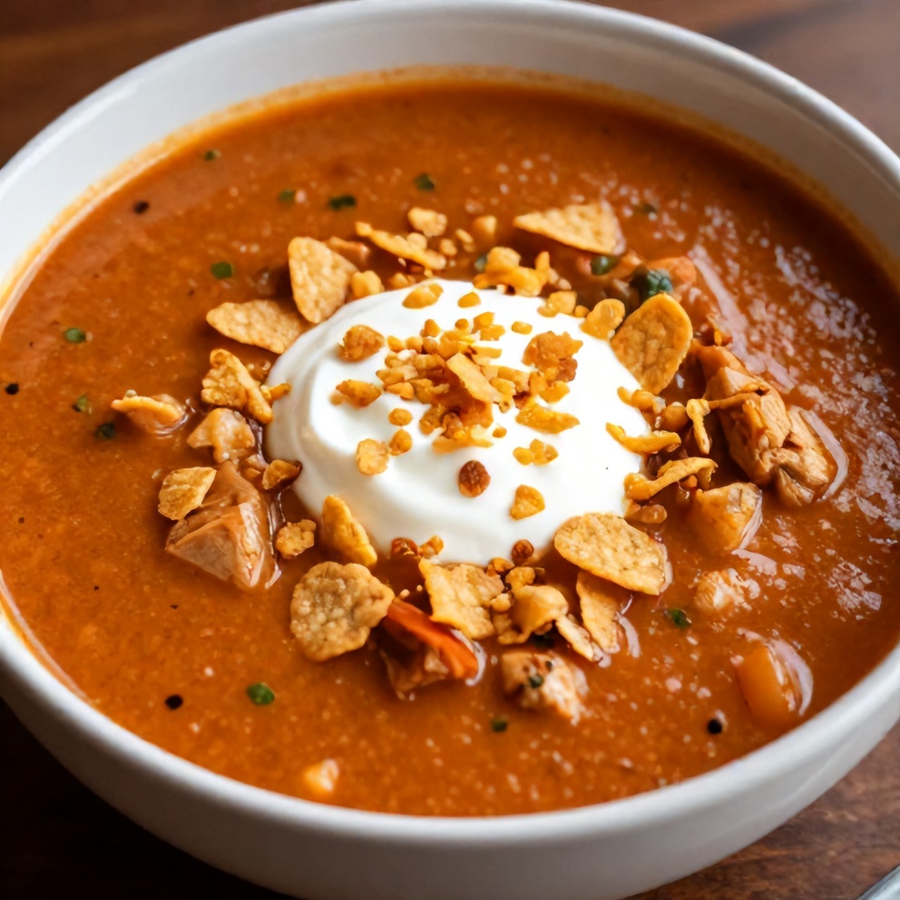 Bowl of Chicken Enchilada Soup with garnish