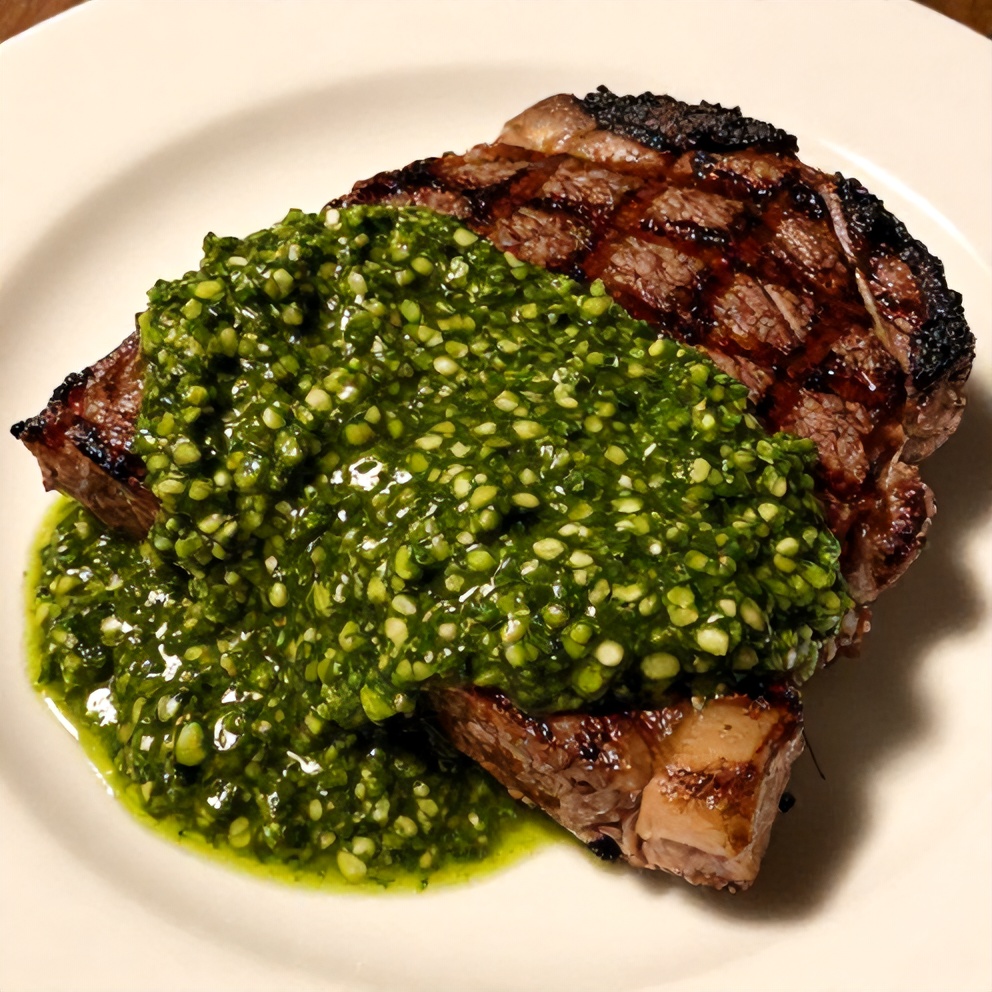 Easy Chimichurri Sauce drizzled over grilled steak