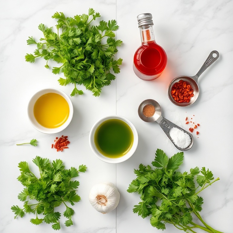 Raw ingredients for Easy Chimichurri Sauce on a white marble surface