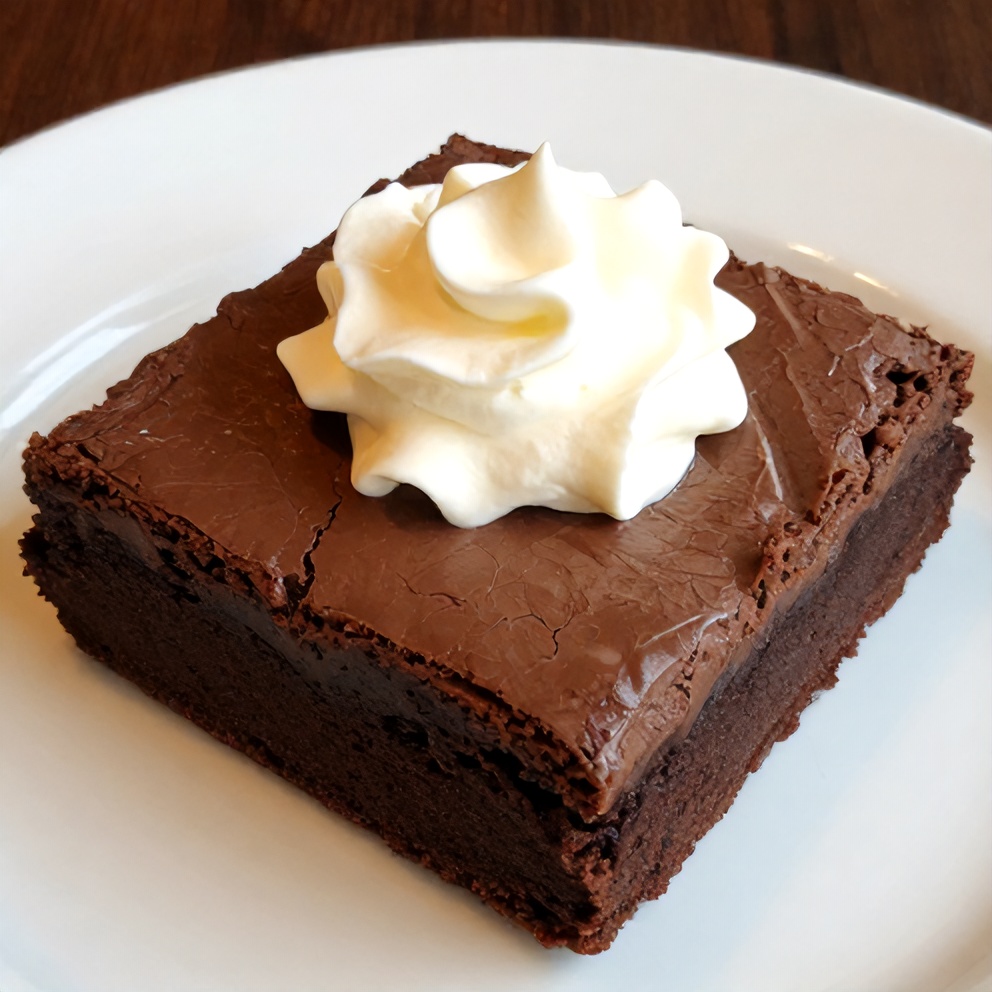 Plated Easy Chocolate Mousse Brownies with a dollop of whipped cream