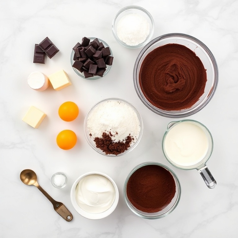 Raw ingredients for Easy Chocolate Mousse Brownies laid out