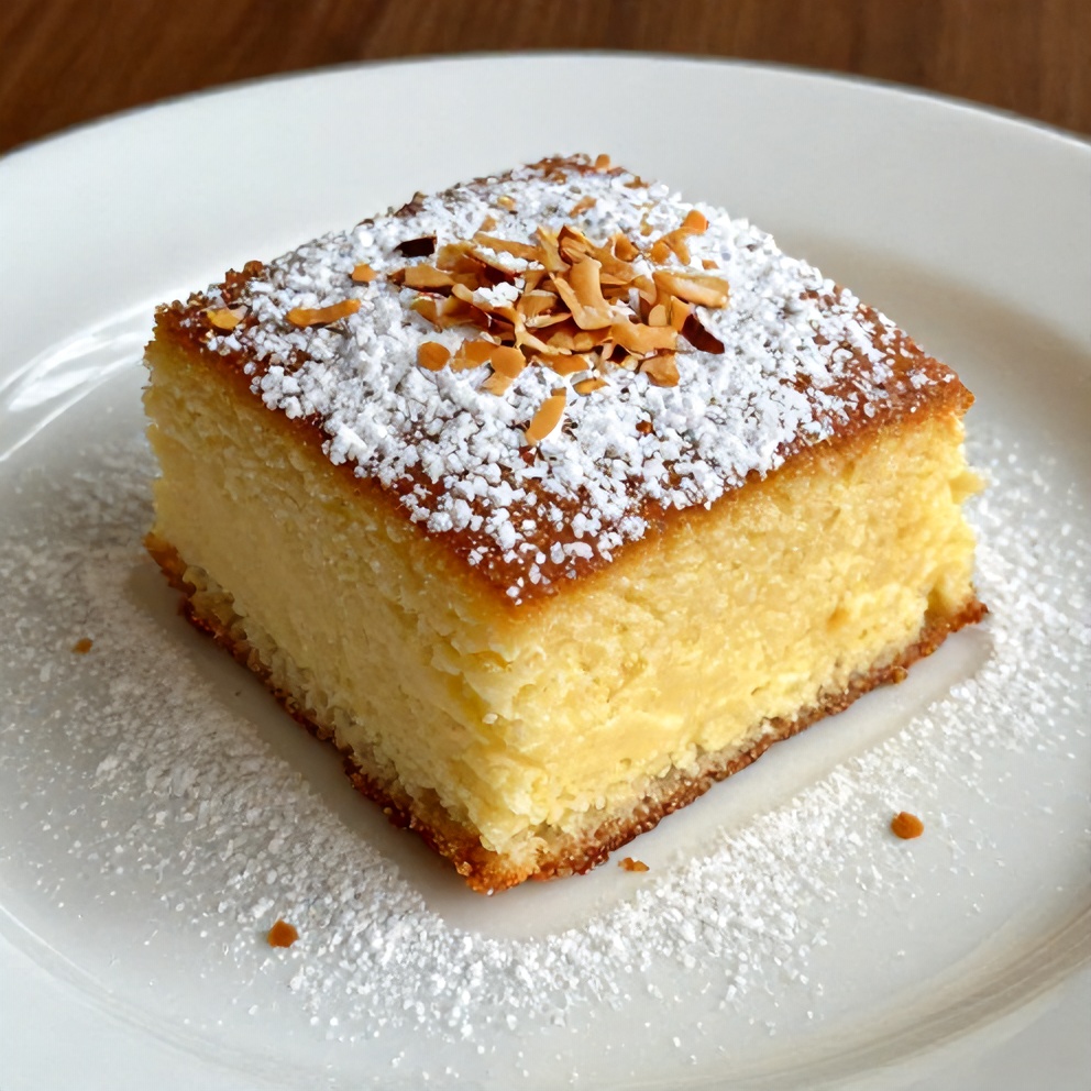 Sliced coconut milk snack cake on a white plate with a fork