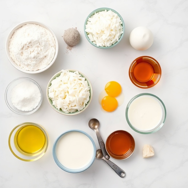 Raw ingredients for coconut milk snack cake on a white marble surface
