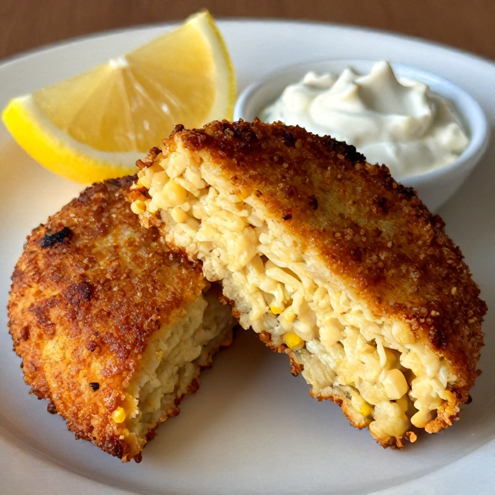 Plated Easy Cornbread Stuffing Crab Cakes with lemon wedges