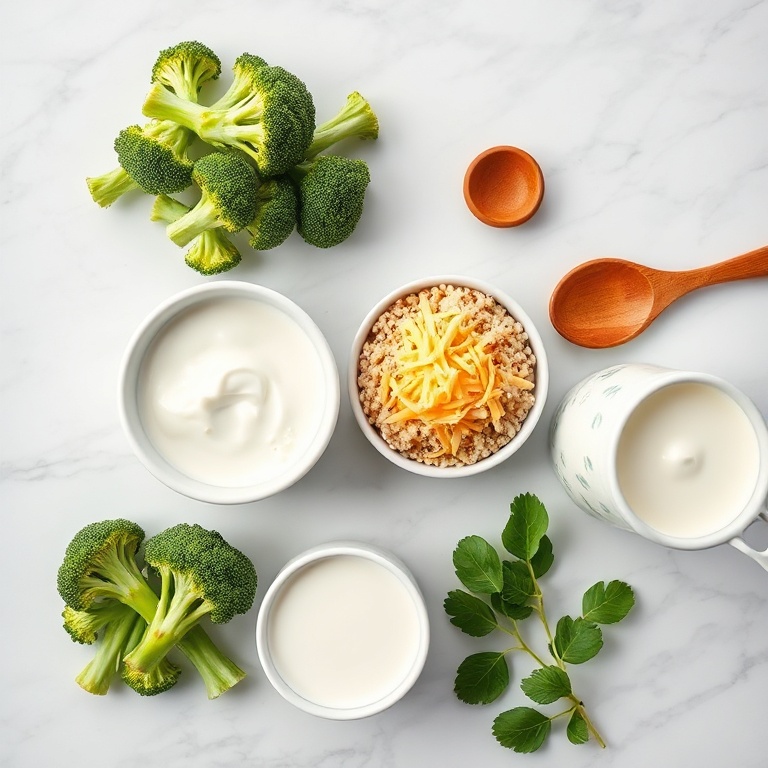 Broccoli, quinoa, and cheese arranged on a wooden surface
