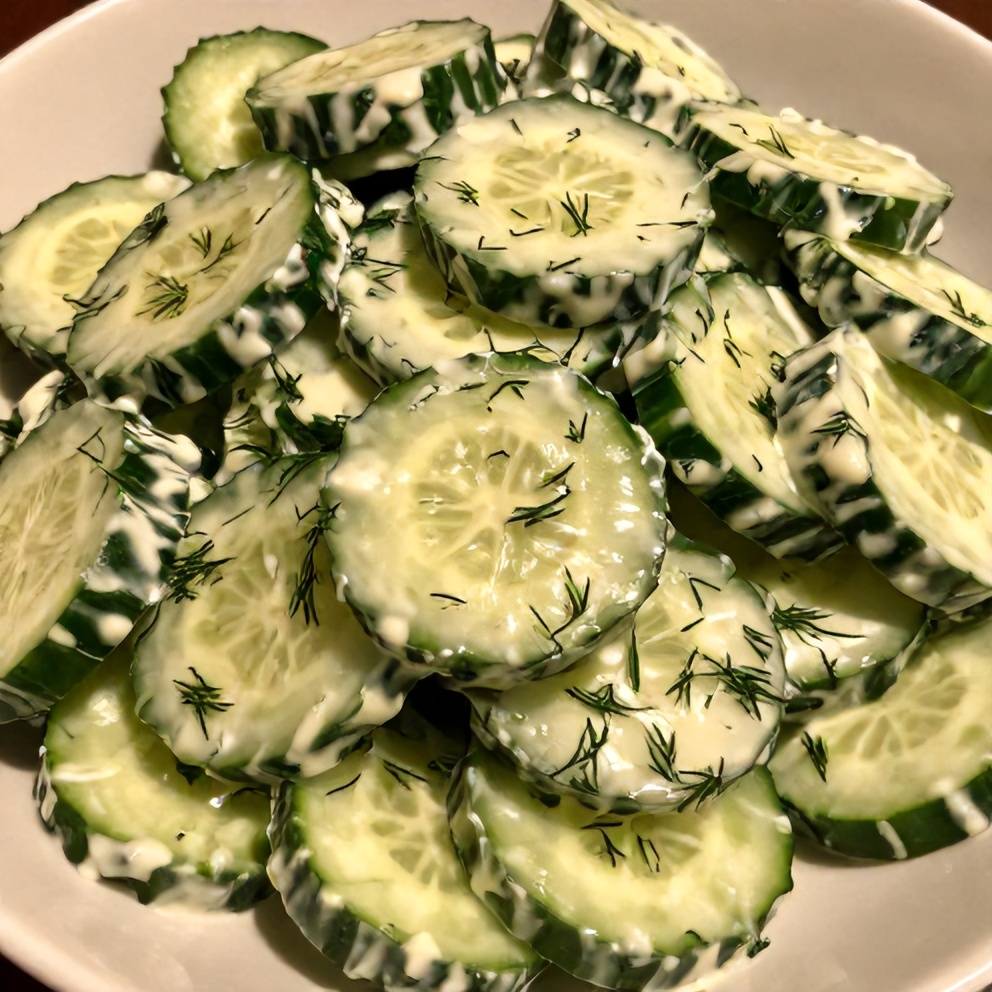 Plated creamy cucumber salad with fresh dill