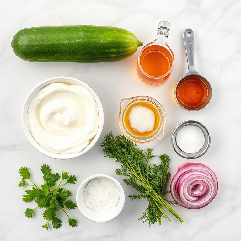 Raw ingredients for creamy cucumber salad on a marble surface