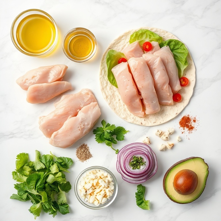 Raw ingredients for chicken caesar wrap on a marble surface