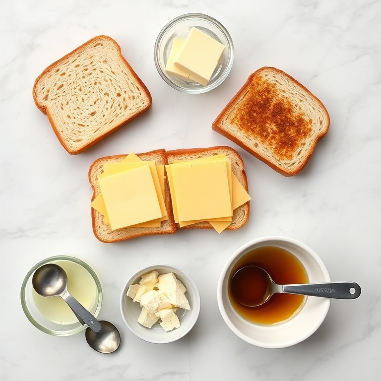Grilled cheese ingredients on a marble countertop