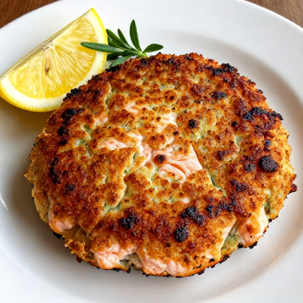 Plated salmon cake with lemon wedge and herbs