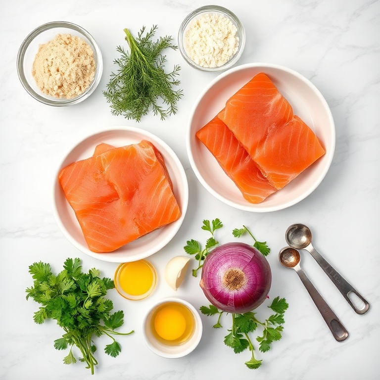 Raw ingredients for salmon cakes on a marble surface