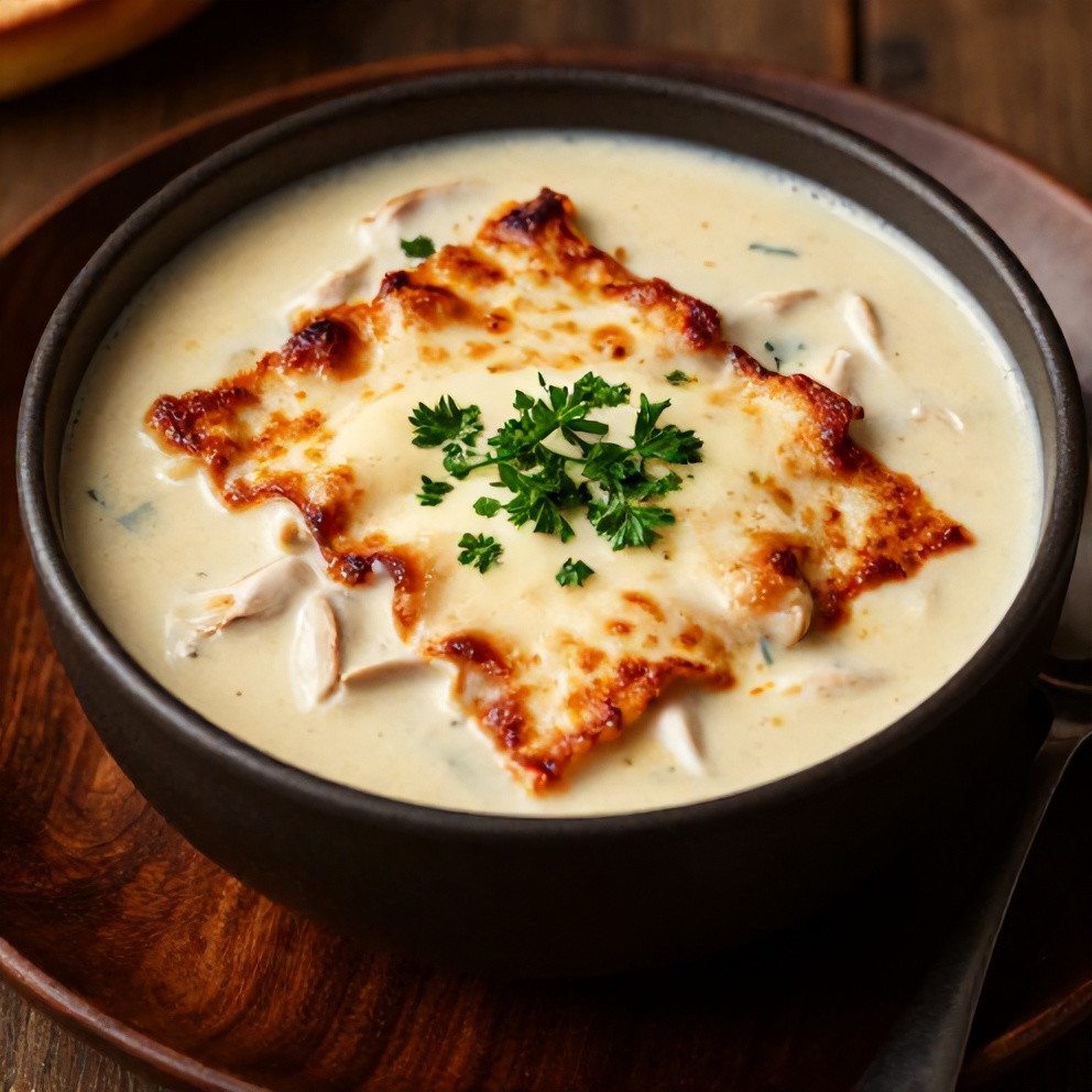 Bowl of creamy Chicken Parmesan Soup with a sprinkle of fresh parsley