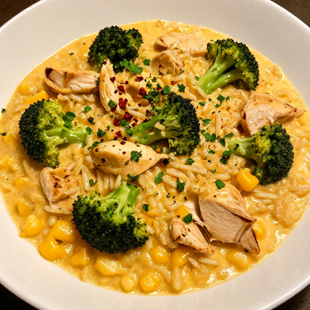 Plated serving of Crockpot Broccoli Cheddar Chicken and Rice Dinner