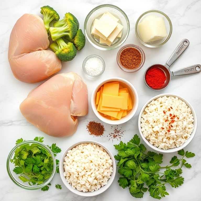 Raw ingredients for Crockpot Broccoli Cheddar Chicken and Rice Dinner