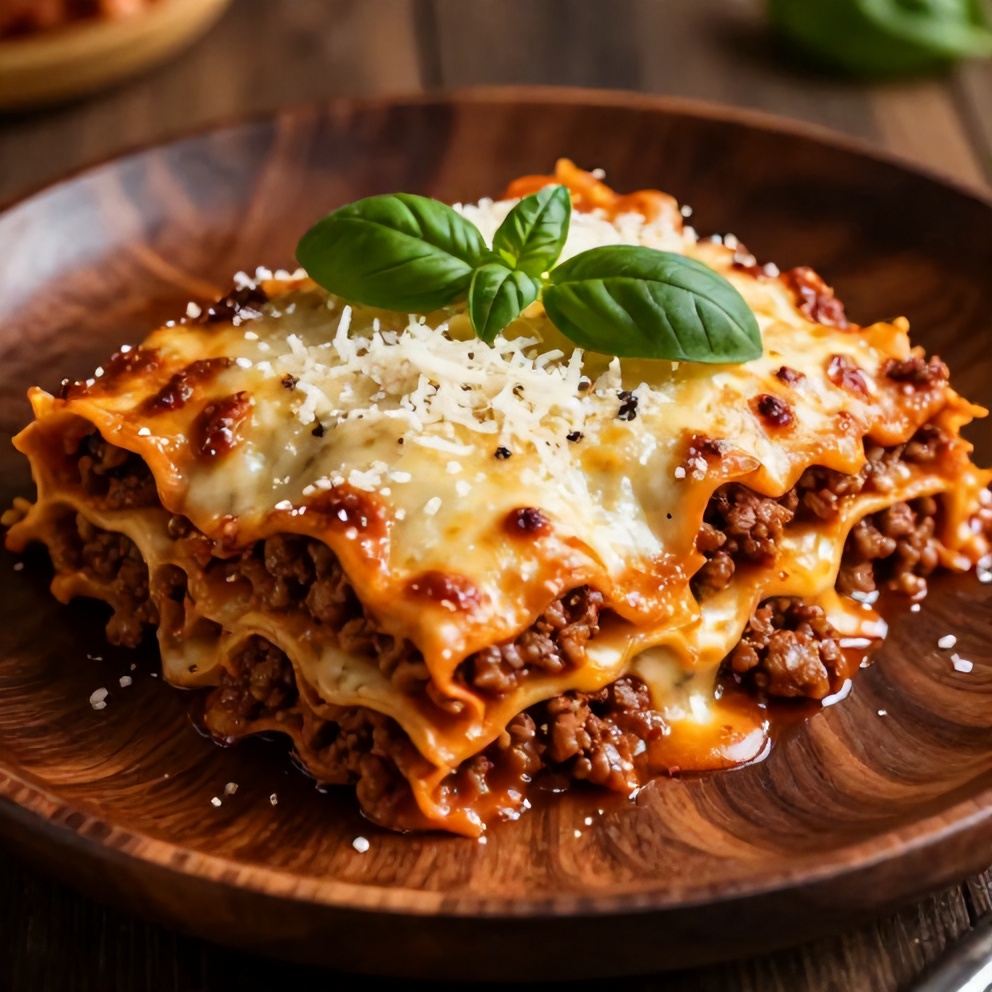 Plated serving of crockpot lasagna with fresh basil