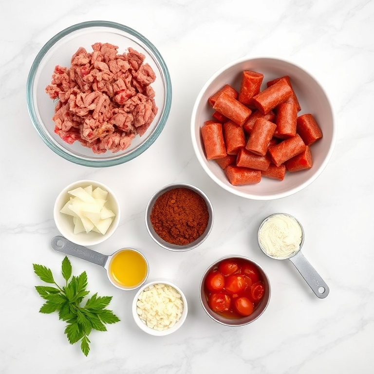 Raw ingredients for crockpot lasagna arranged in a flat lay