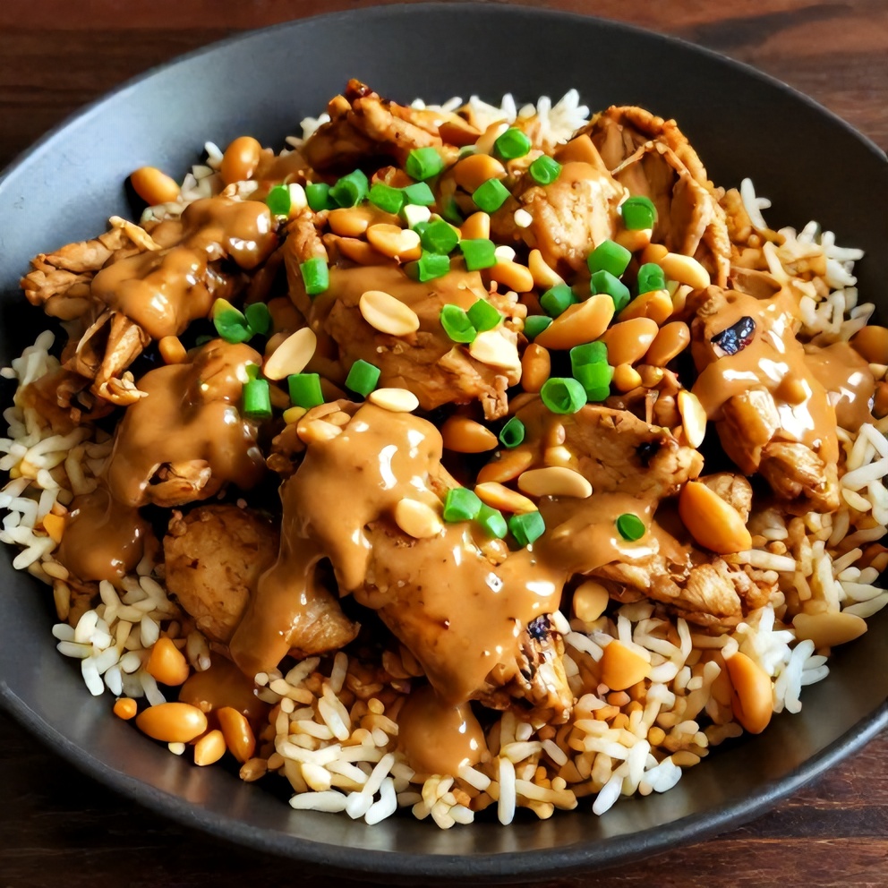 Thai Peanut Chicken served over rice with green onions and peanuts