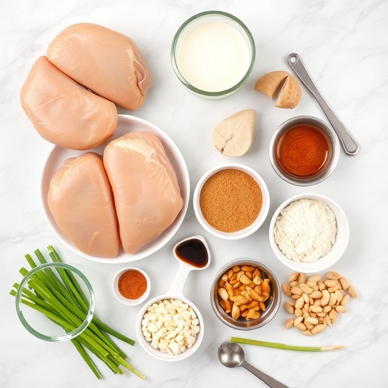 Thai Peanut Chicken ingredients: chicken, peanut butter, coconut milk, soy sauce, garlic, ginger, curry powder, brown sugar, green onions, peanuts