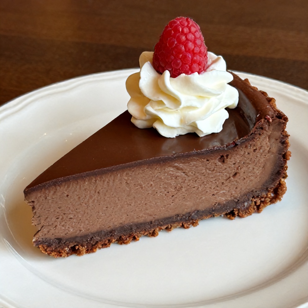 Sliced Dark Chocolate Raspberry Cheesecake on a plate