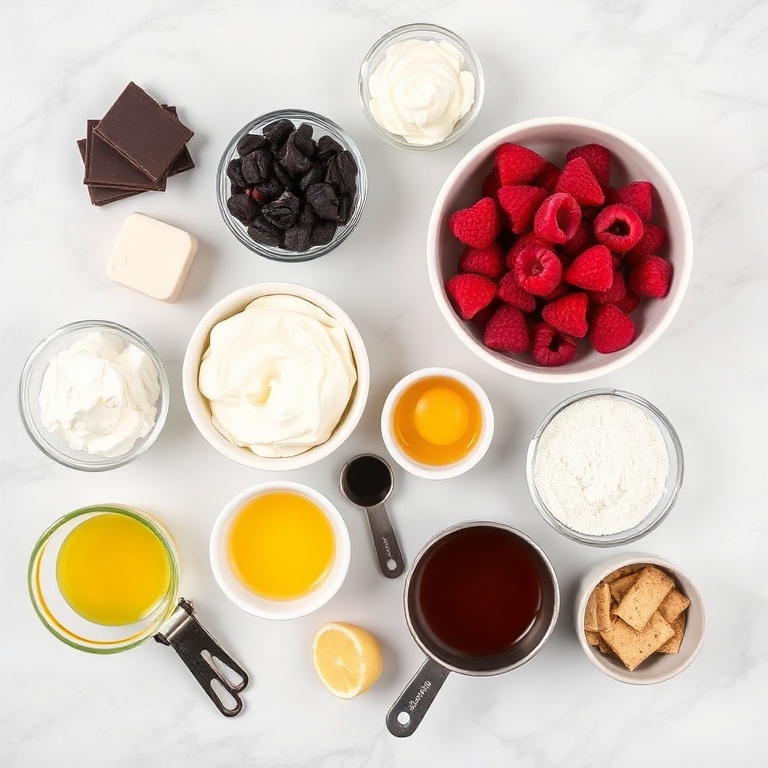 Dark Chocolate Raspberry Cheesecake ingredients on a marble surface