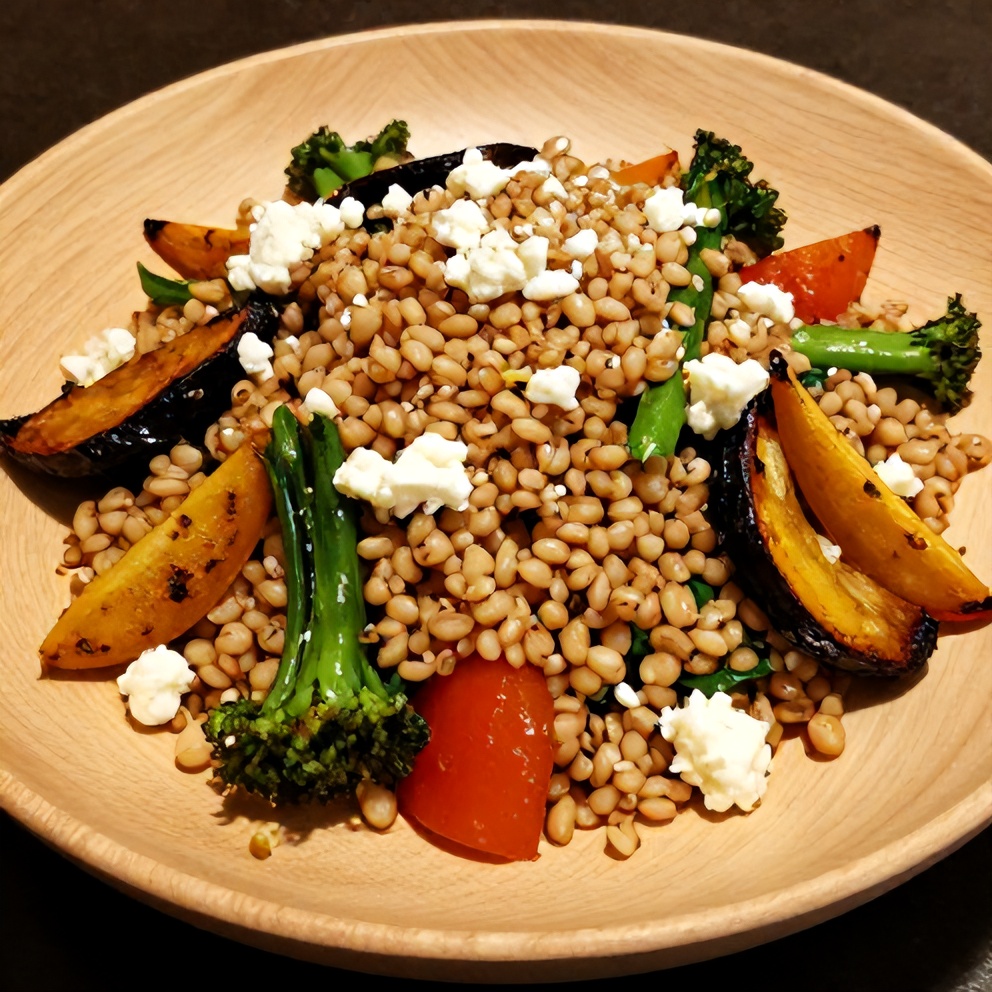 Plated farro salad with roasted summer vegetables