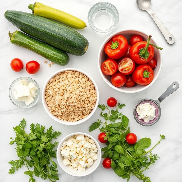 Raw ingredients for farro salad with roasted summer vegetables