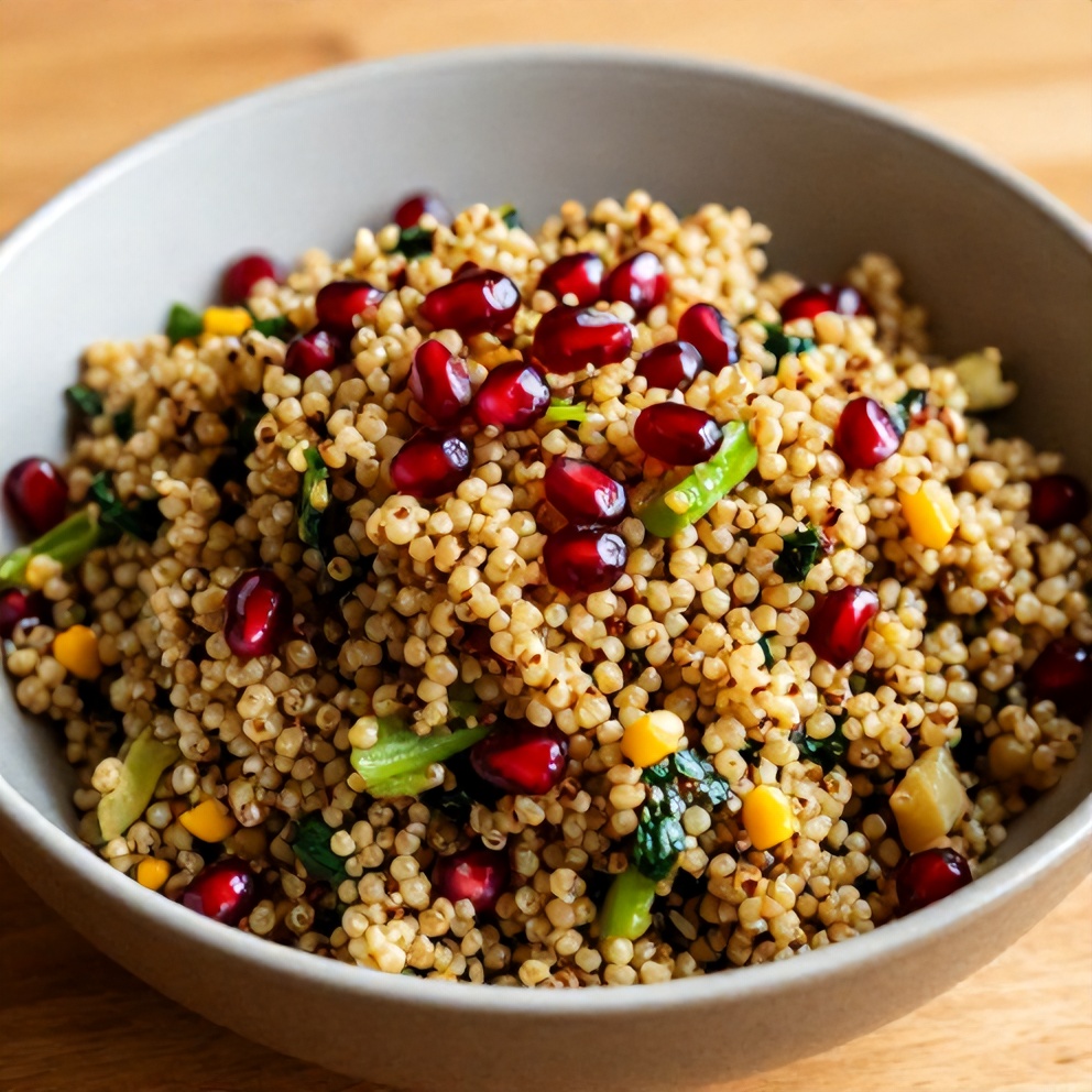 Plated serving of fresh quinoa tabbouleh salad