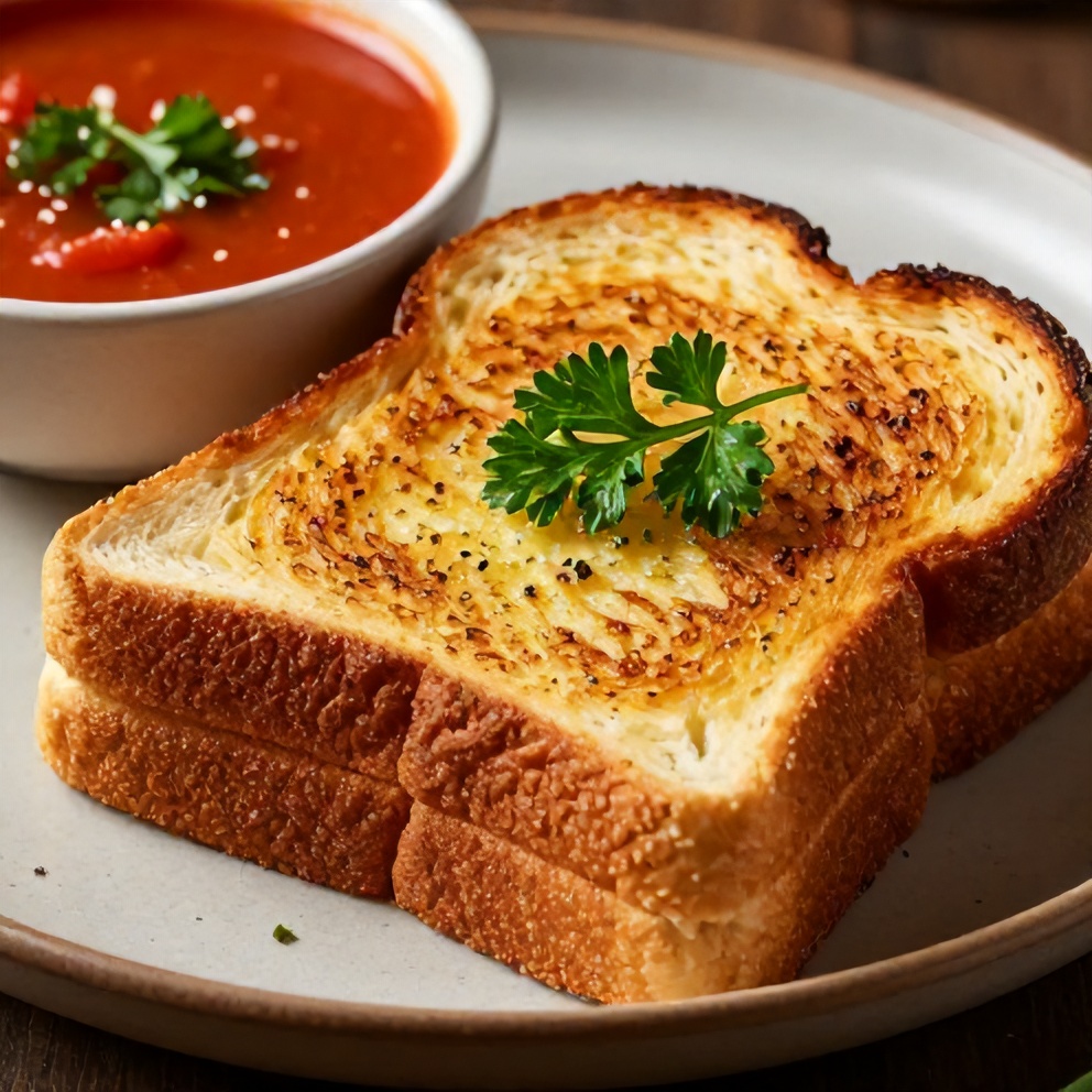 Garlic bread grilled cheese sandwich with a side of tomato soup