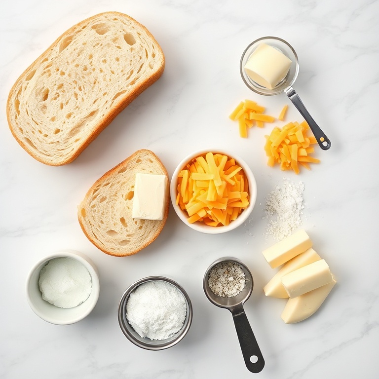 Bread, garlic, butter, cheese, and other ingredients for garlic bread grilled cheese