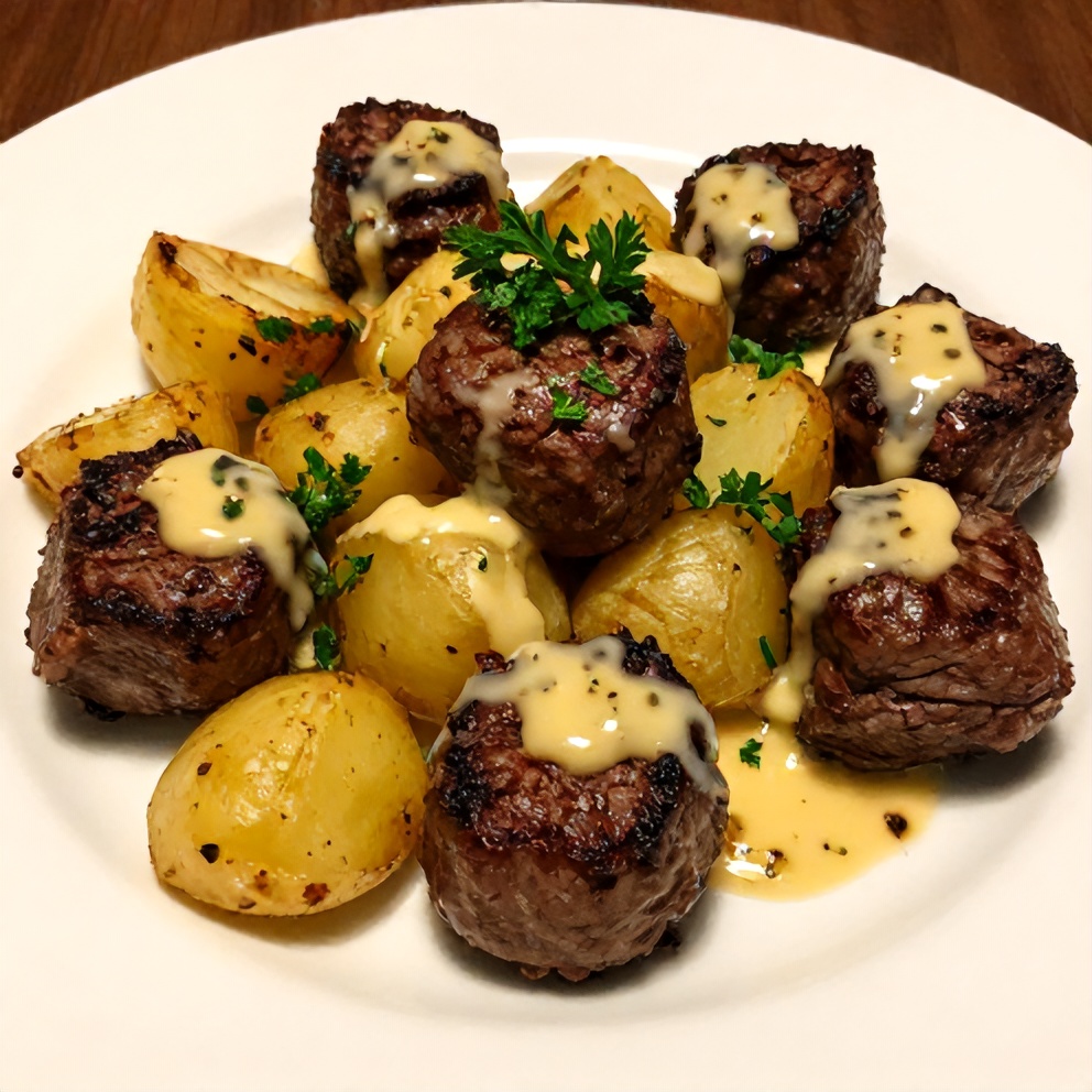 Plated Garlic Butter Steak Bites with Potatoes