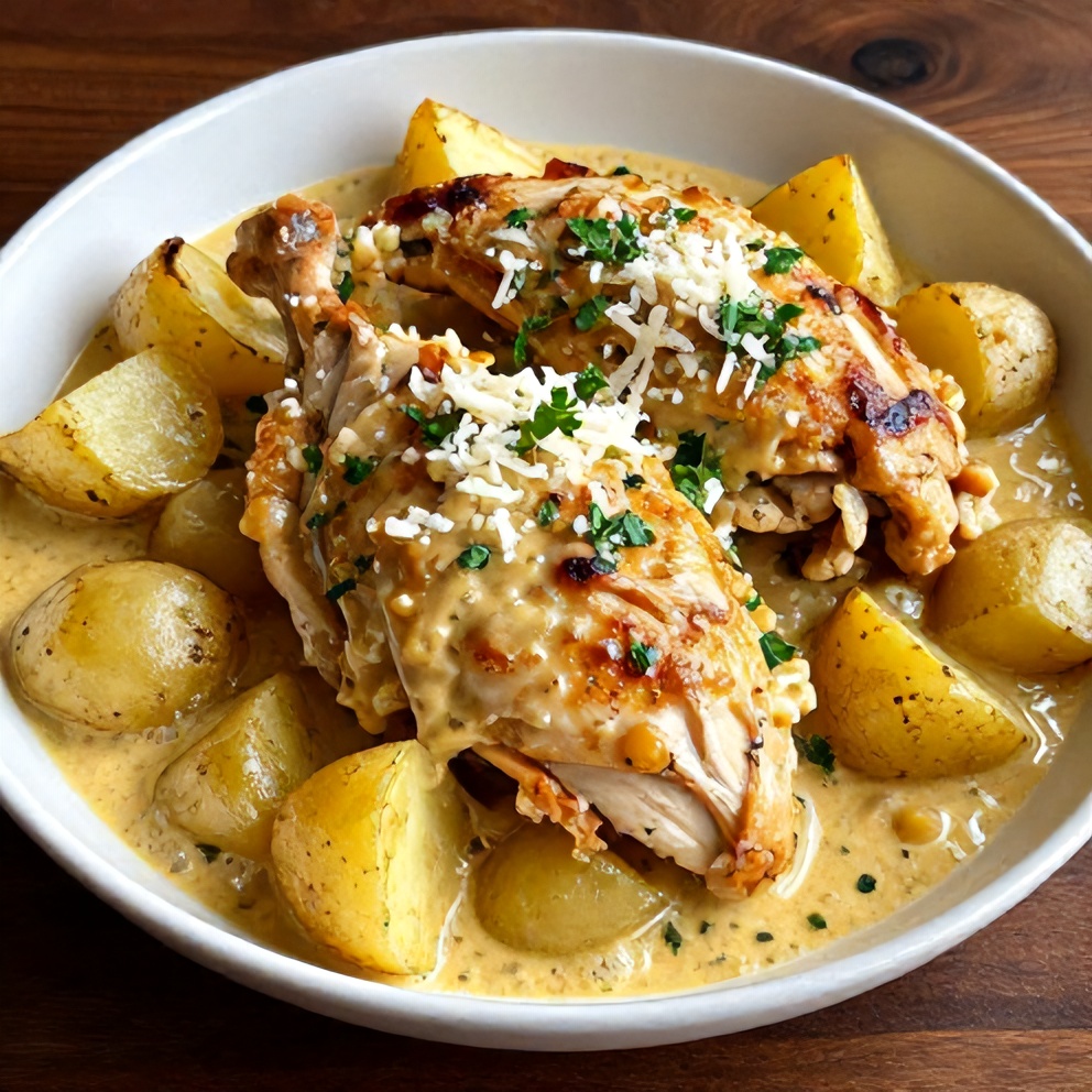 Plated Garlic Parmesan Chicken and Potatoes