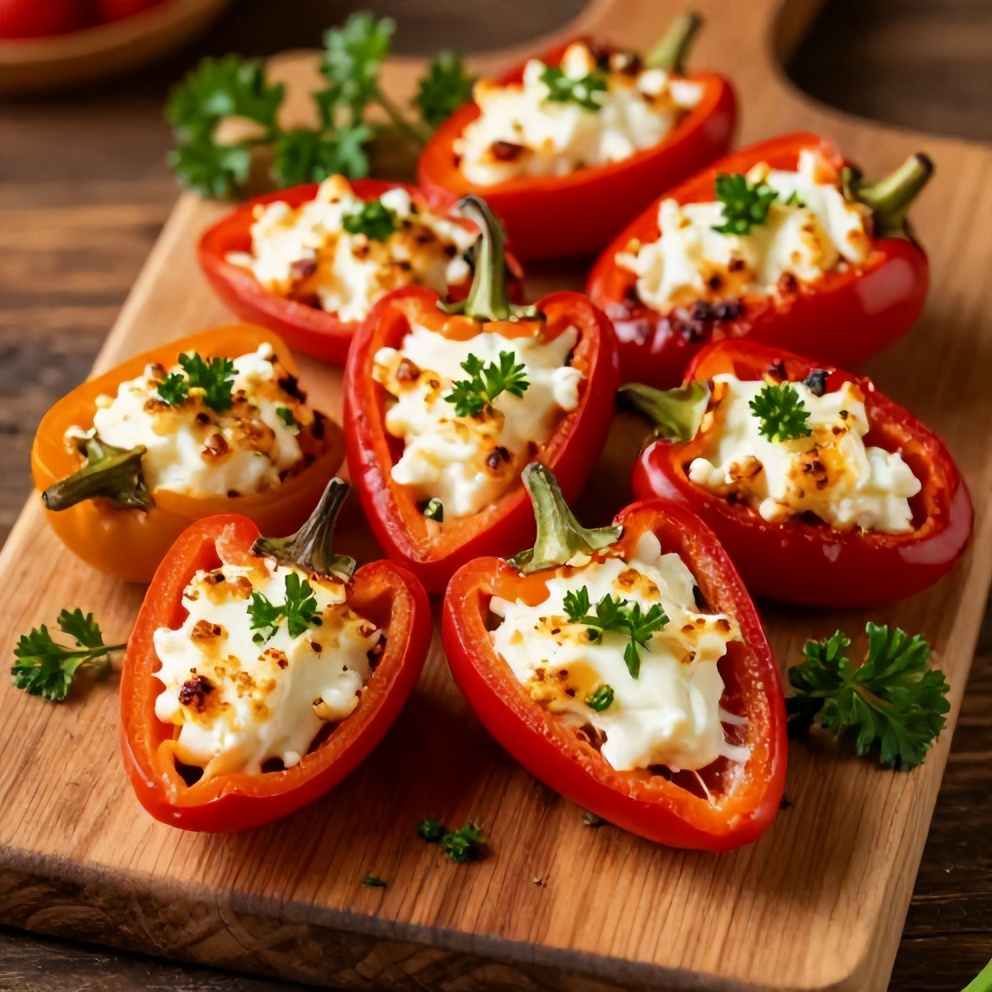 Plated goat cheese stuffed mini peppers with fresh parsley