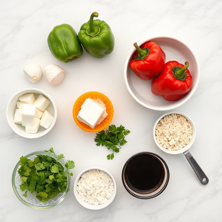 Raw ingredients for goat cheese stuffed mini peppers on a marble surface