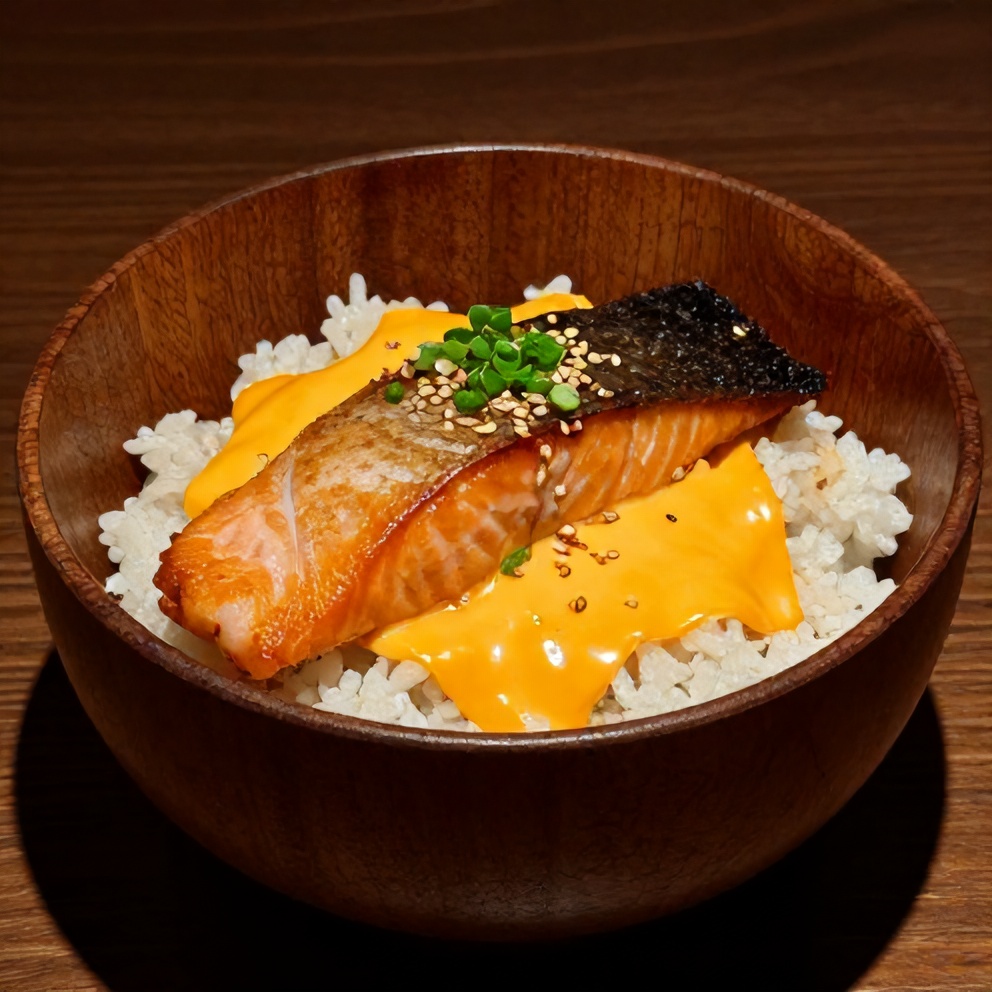 Plated gochujang butter salmon rice bowl with melted cheese and crispy salmon skin