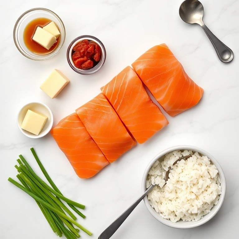 Raw ingredients for gochujang butter salmon rice bowl: salmon fillets, gochujang paste, butter, soy sauce, green onions, rice