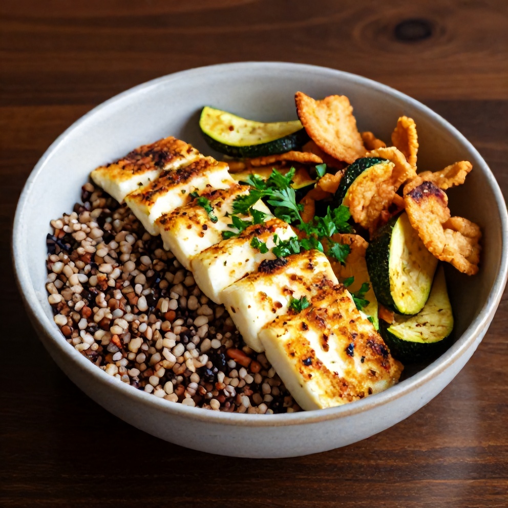 Greek Grain Bowl with Halloumi and Zucchini Crisps