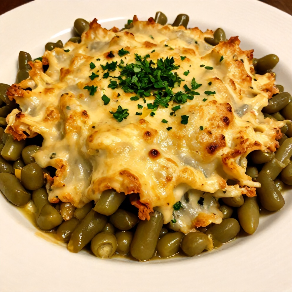 A perfect serving of Easy Green Bean Casserole plated on a white dish, garnished with a sprinkle of fresh parsley, with warm side lighting highlighting the texture.