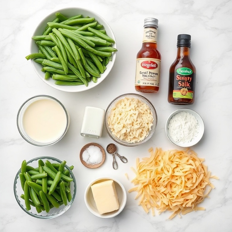 Overhead flat lay of green beans, cream of mushroom soup, milk, soy sauce, salt, pepper, crispy fried onions, and butter, on a white marble surface.