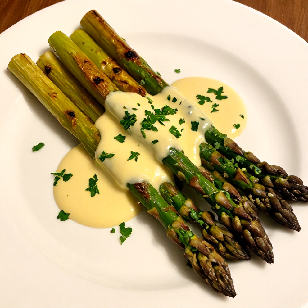 Plated Grilled Asparagus with Tahini Lemon Sauce