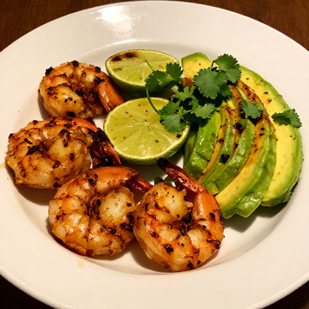 Grilled Shrimp and Avocado Bowl plated on a white dish