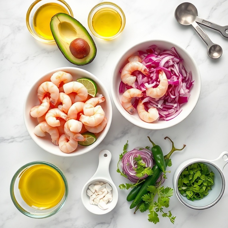 Raw ingredients for Grilled Shrimp and Avocado Bowl on a white marble surface