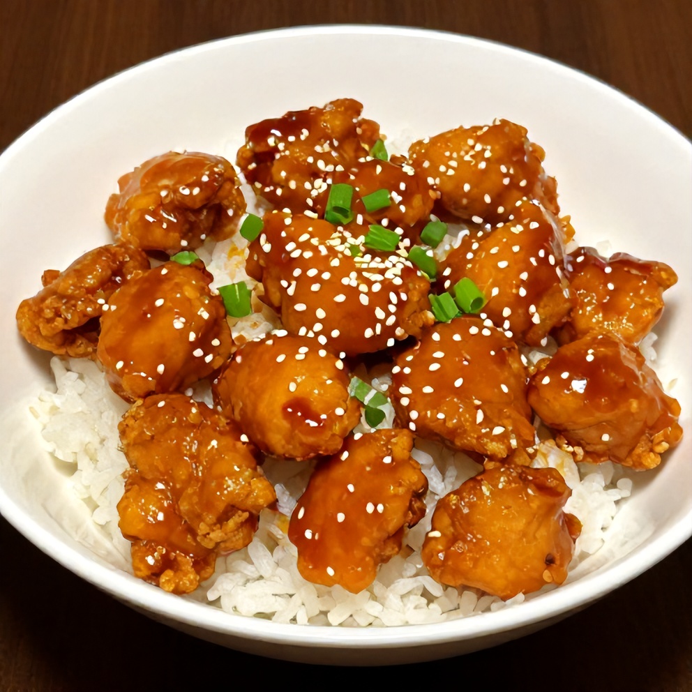 Plated Orange Chicken with Steamed Rice