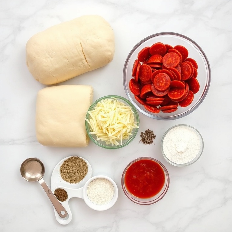 Raw ingredients for High Protein Pepperoni Pizza Rolls on a marble surface