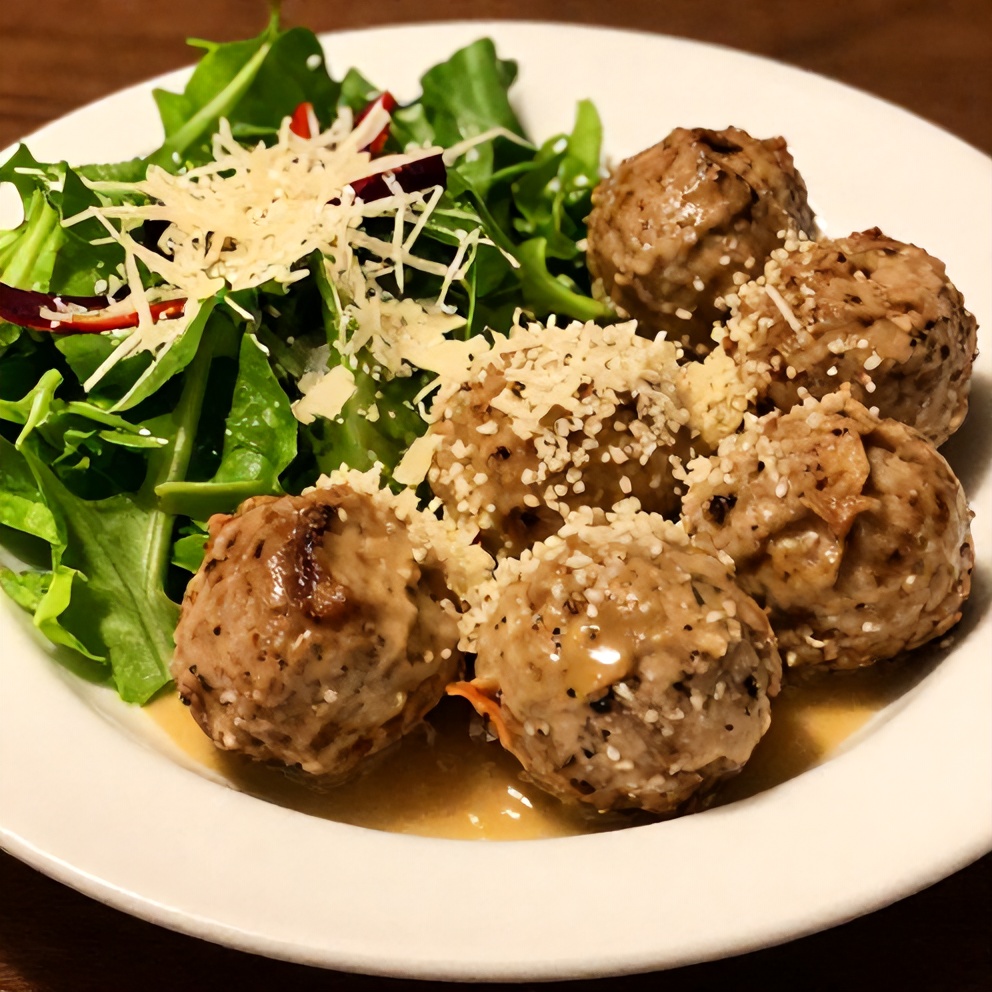 Plated turkey meatballs with green salad and Parmesan
