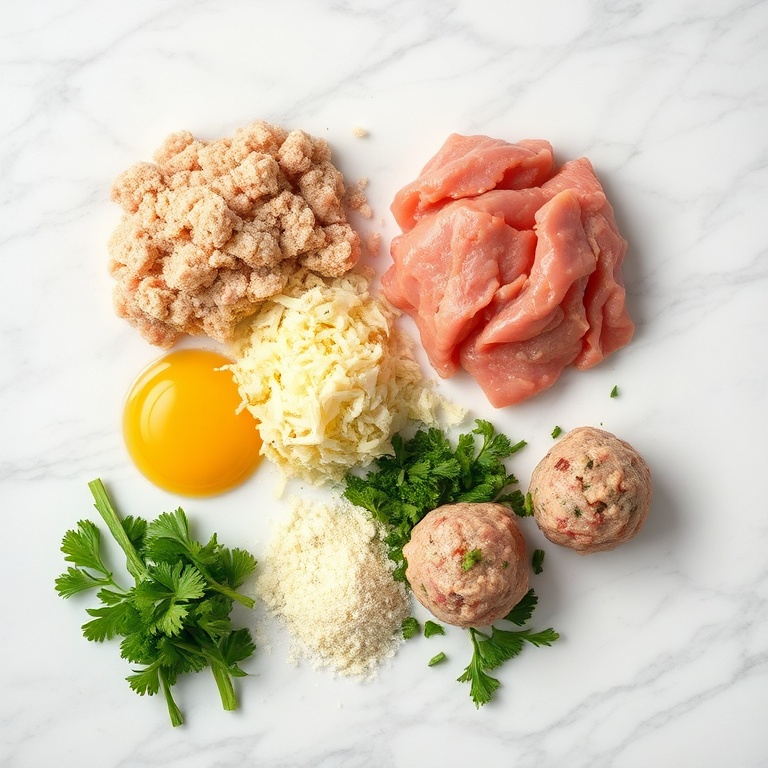 Raw ingredients for turkey meatballs on a marble surface