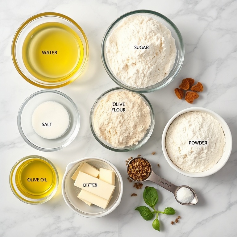 Raw ingredients for homemade Olive Garden breadsticks on a marble surface