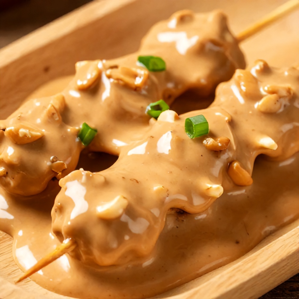 Peanut sauce drizzled over satay skewers